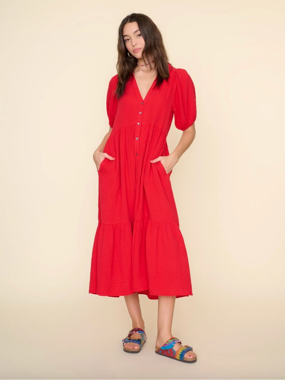 XiRENA Lennox Puff Sleeve Cotton Gauze Red Maxi Dress XS Cottagecore Prarie